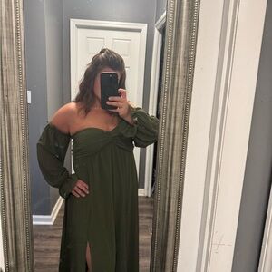 NWT Lulus Glorious Invite Olive Green Knotted Off-the-Shoulder Maxi Dress